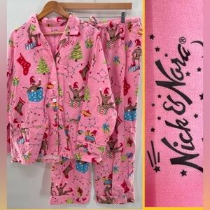 Nick & Nora Flannel Sock Monkey Christmas Pink 2 Pc Sleepwear Pajamas Set M